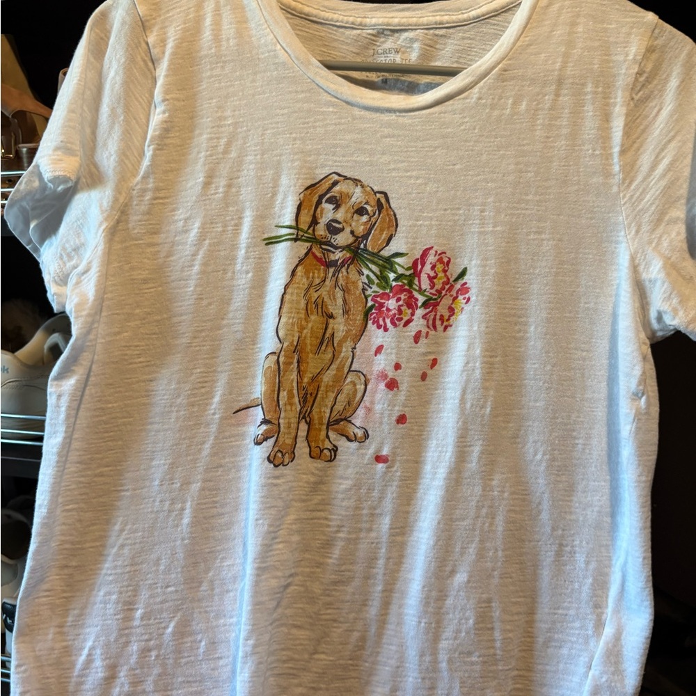 J. Crew White T-Shirt with Dog and Floral Print
